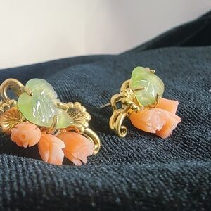 Elegant Peach Coral And Carved Jade And Gold Earrings